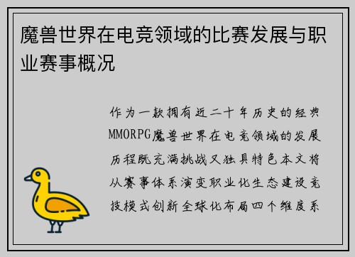 魔兽世界在电竞领域的比赛发展与职业赛事概况