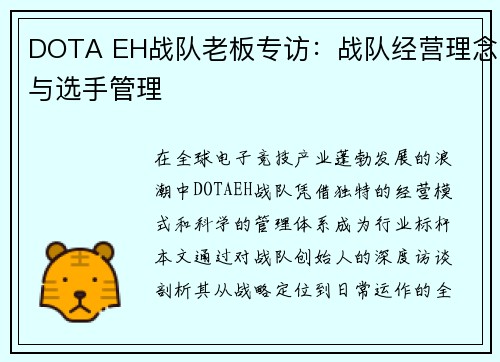 DOTA EH战队老板专访：战队经营理念与选手管理