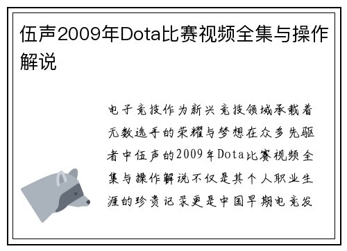 伍声2009年Dota比赛视频全集与操作解说